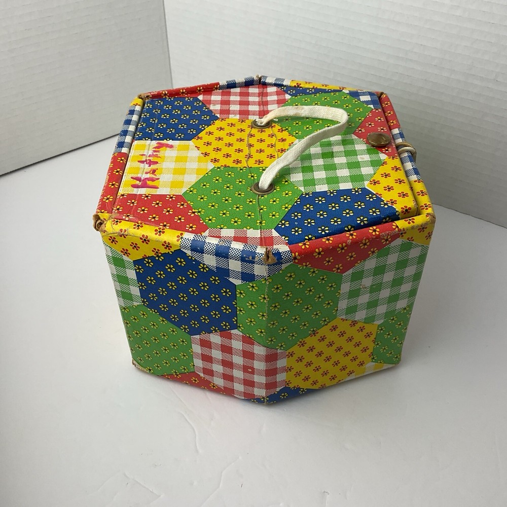 Patchwork Print Sewing Box with Tray Vintage 70s Hexagon Shape Storage