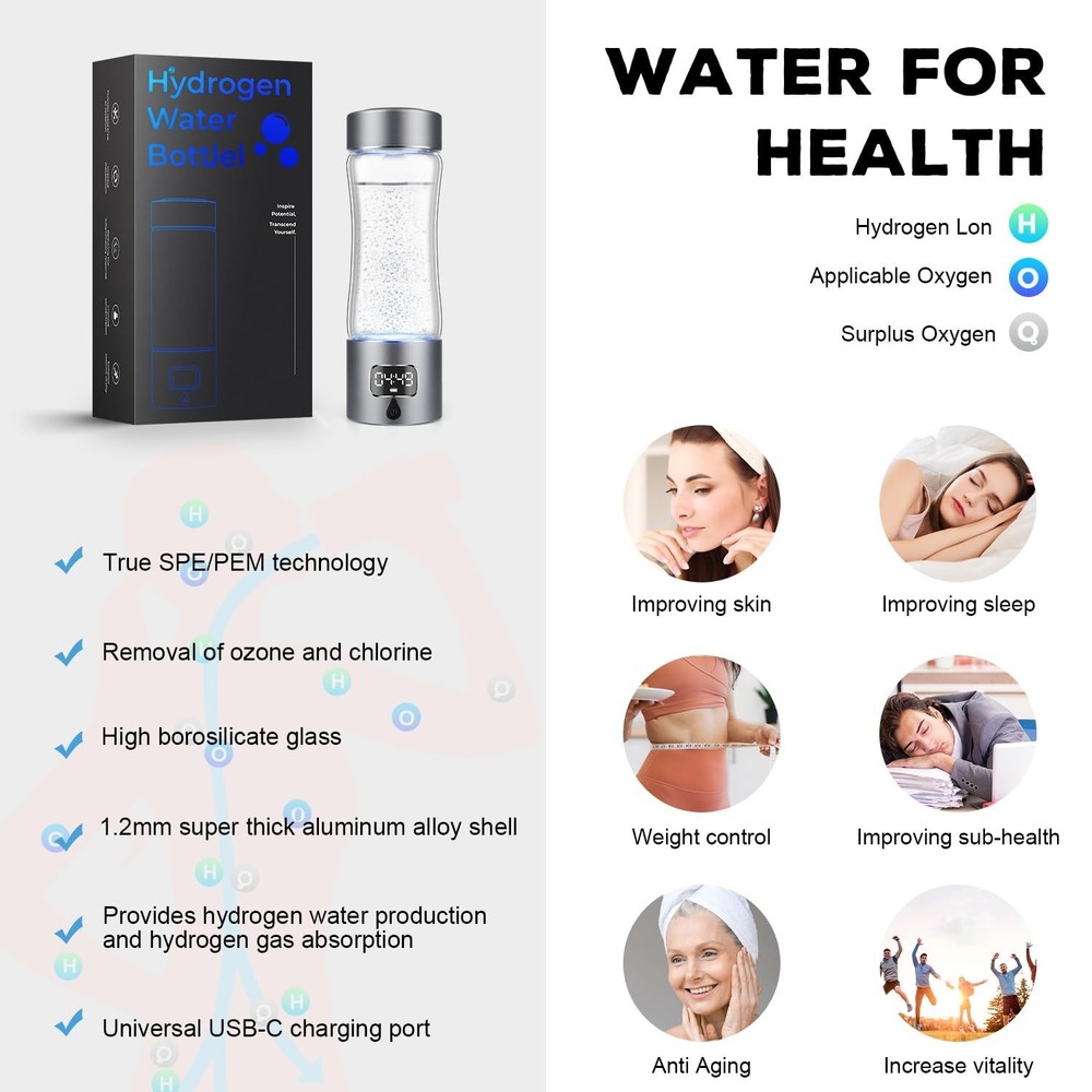 Hydrogen Water Bottle Generator, 340ml Portable Hydrogen Water Maker 5000ppb