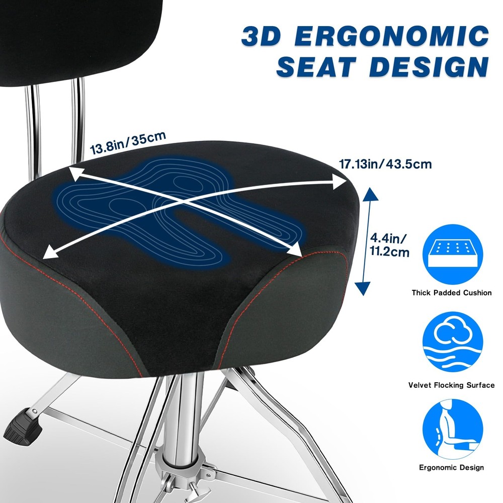 Adjustable Drum Throne with Backrest, Heavy Duty Saddle Seat for Drummers