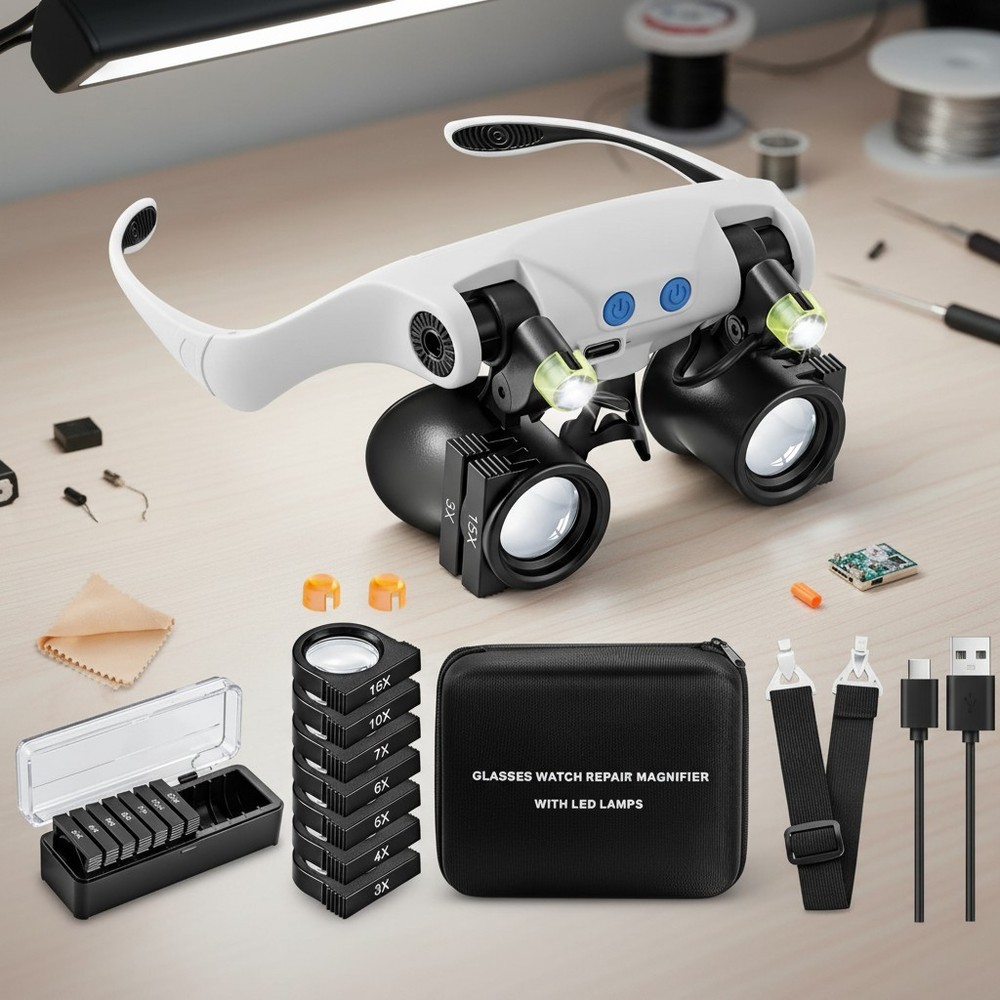 LED Lighted Magnifying Glasses with 14 Interchangeable Lenses for Precision Work