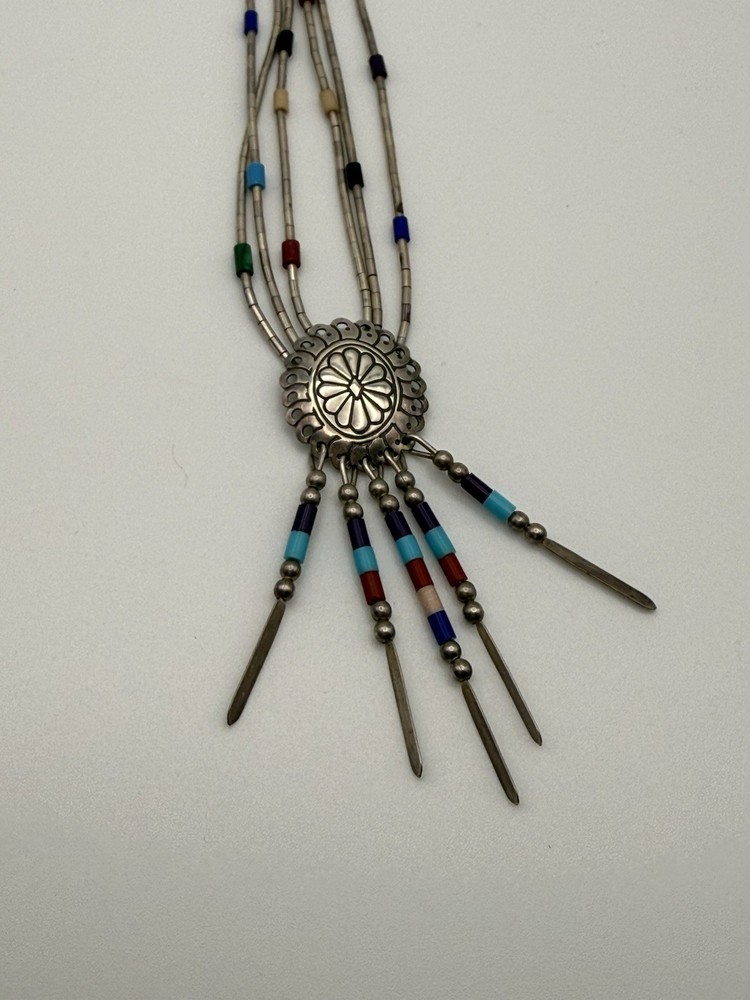 Native American Navajo Liquid Silver Multi-Stone Concho Necklace