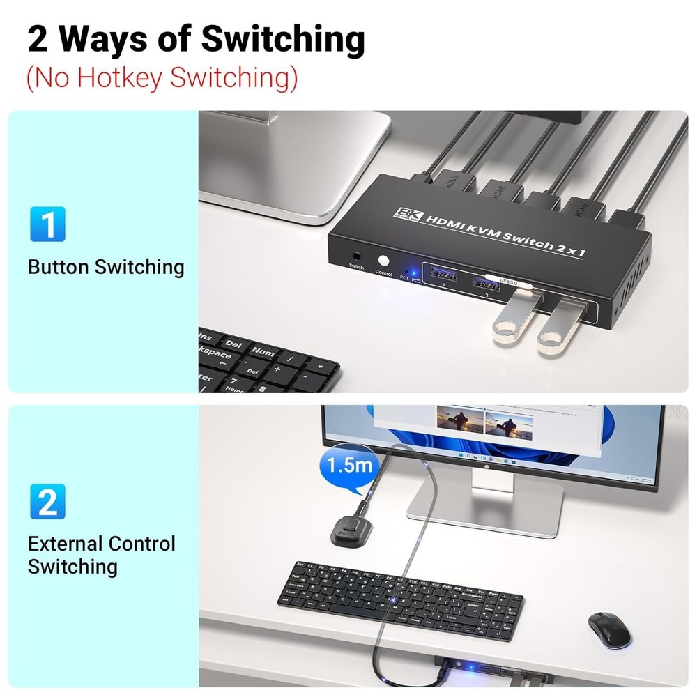 Durable HDMI KVM Switch for 2 Computers - 8K60Hz Resolution with USB 3.0