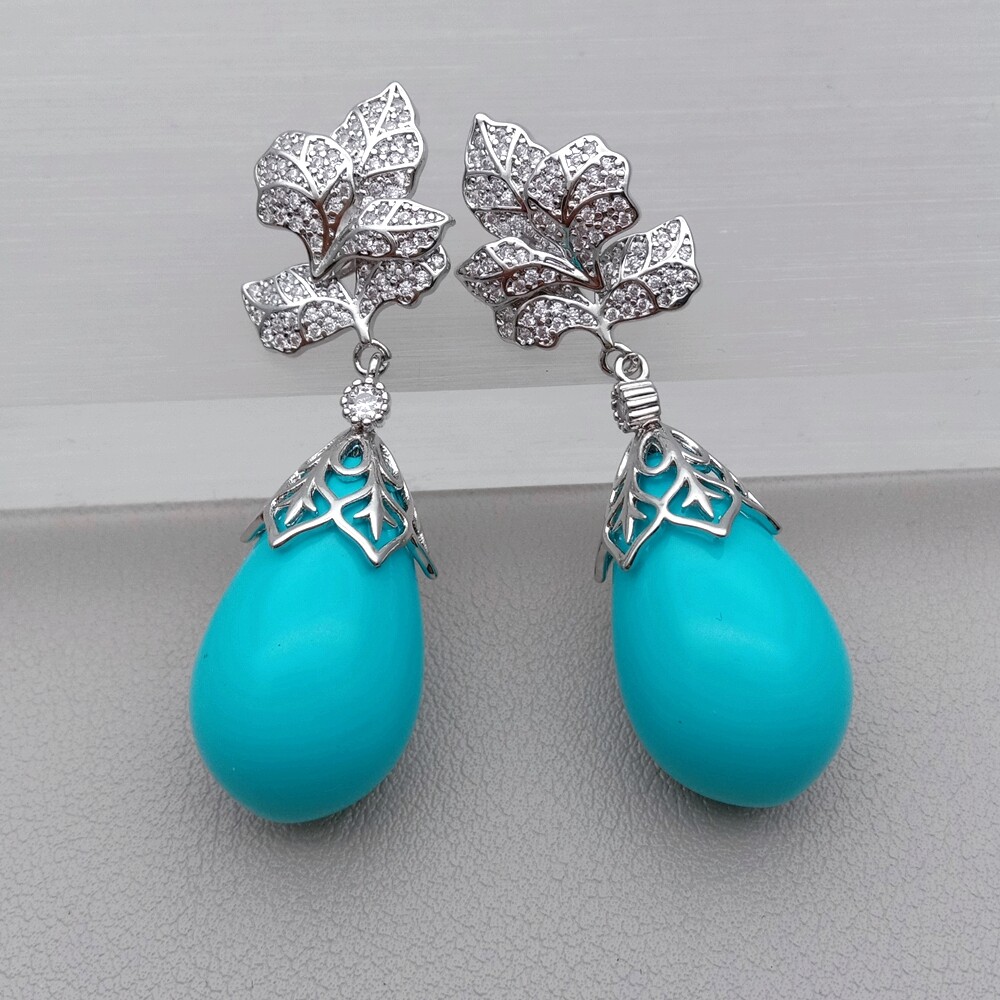 Blue Sea Shell Pearl Teardrop Dangle Cz Pave Stud Earrings