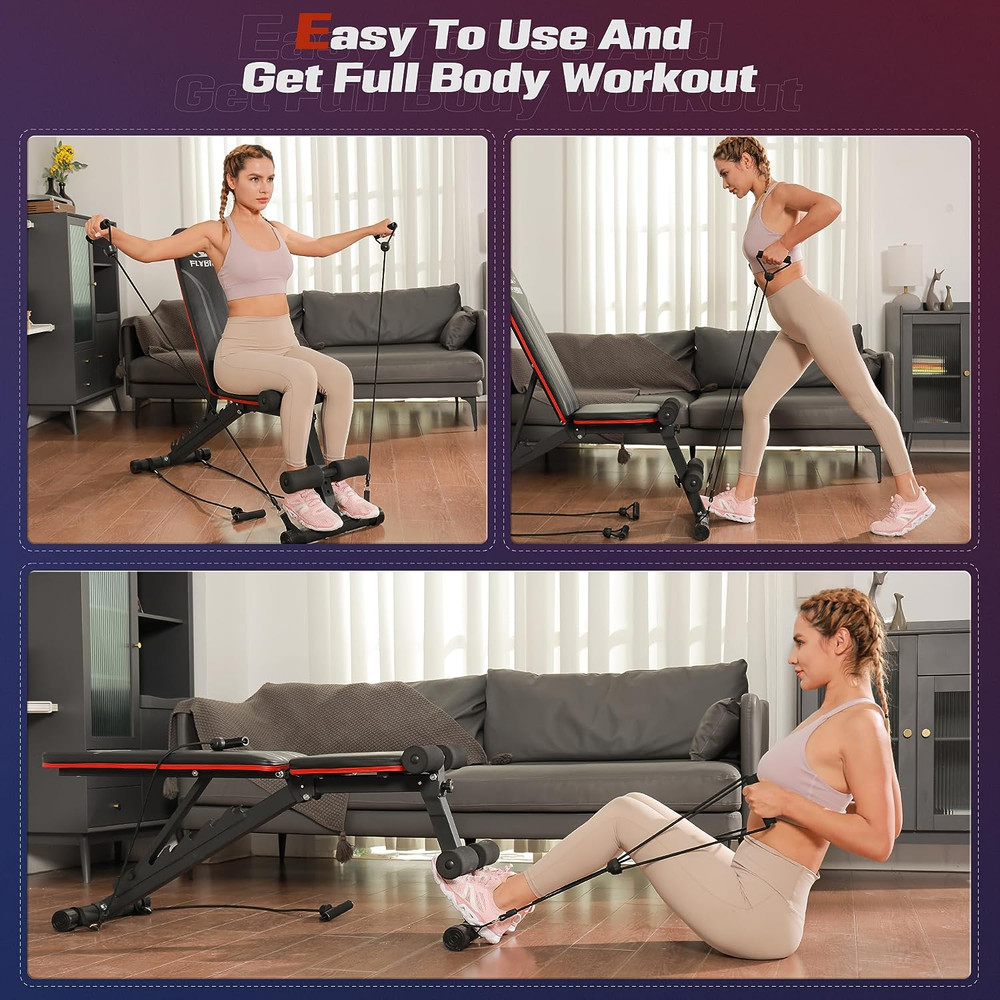Foldable Weight Bench with Resistance Bands, 8 Backrests Fast Adjustable FID for