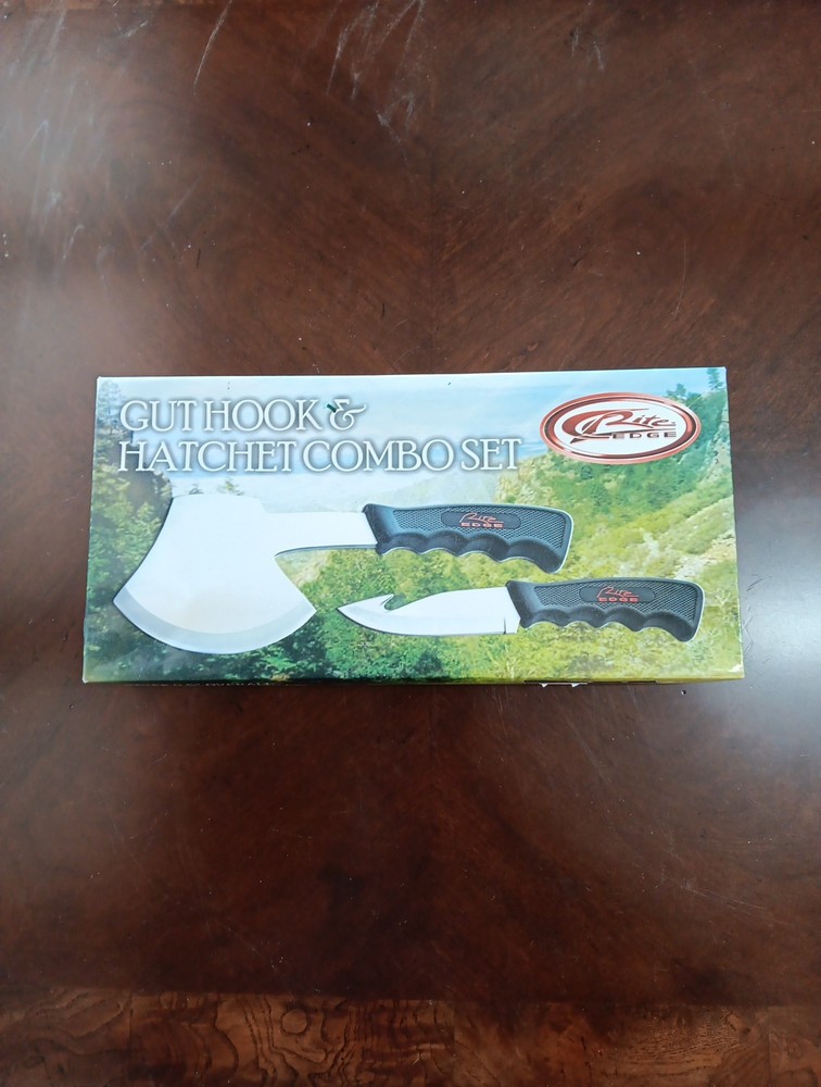 CAMPING KNIFE + AXE SET | 2-Pc Gut Hook Hunter Fixed-Blade Hatchet Black Rubber