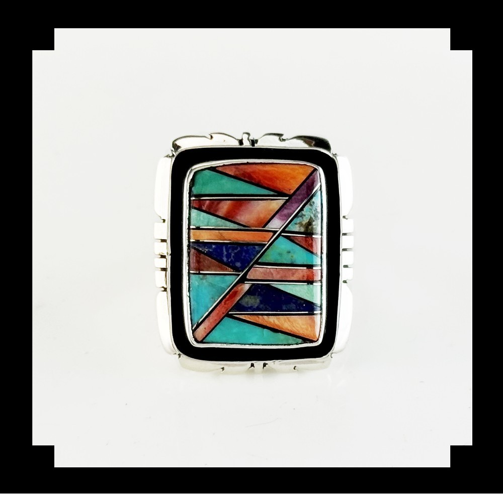 Handcrafted Sterling Silver Multi Stone Inlay Ring Adjustable