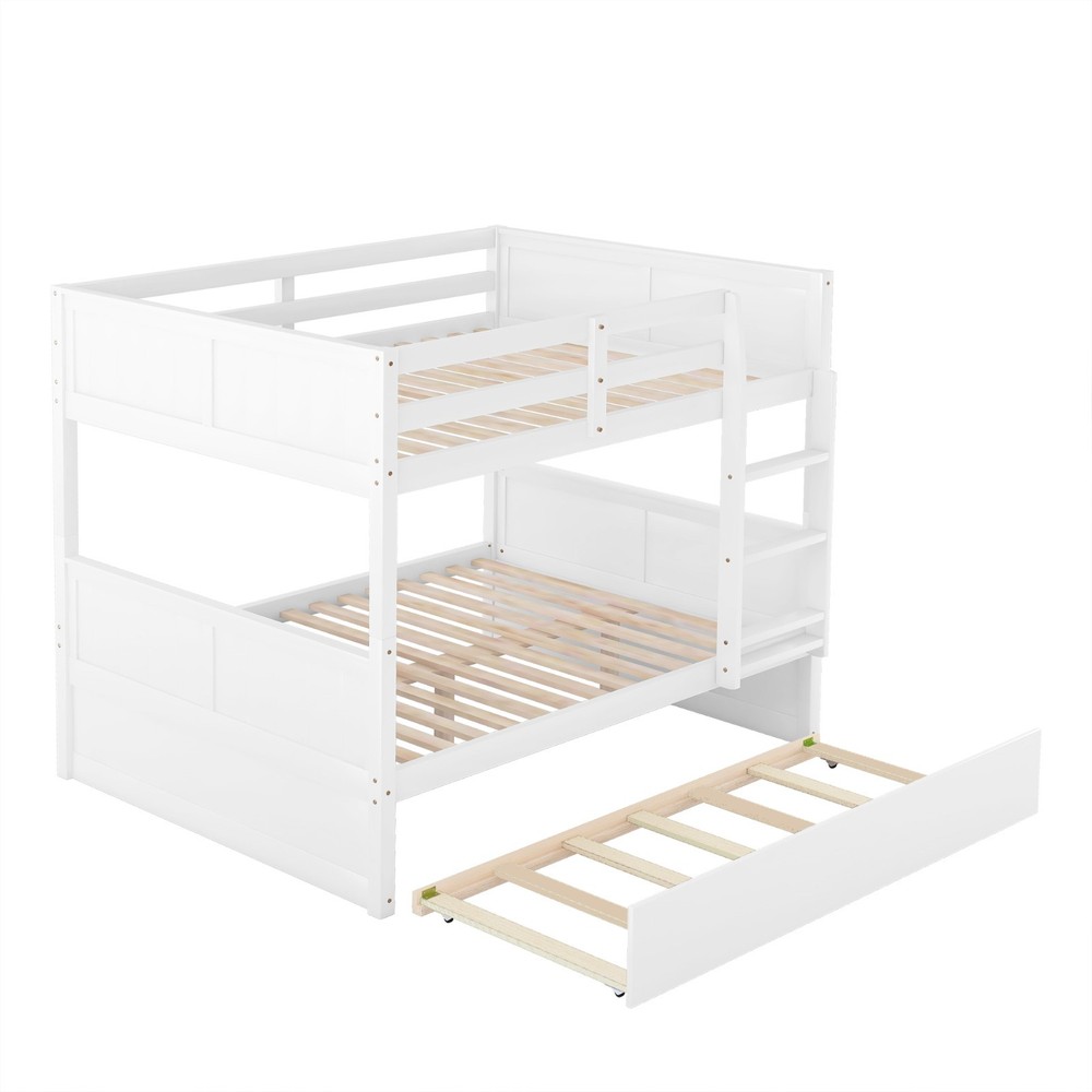 Full Over Full Bunk Bed with Twin Size Trundle White Easy Conversion for Bedroom