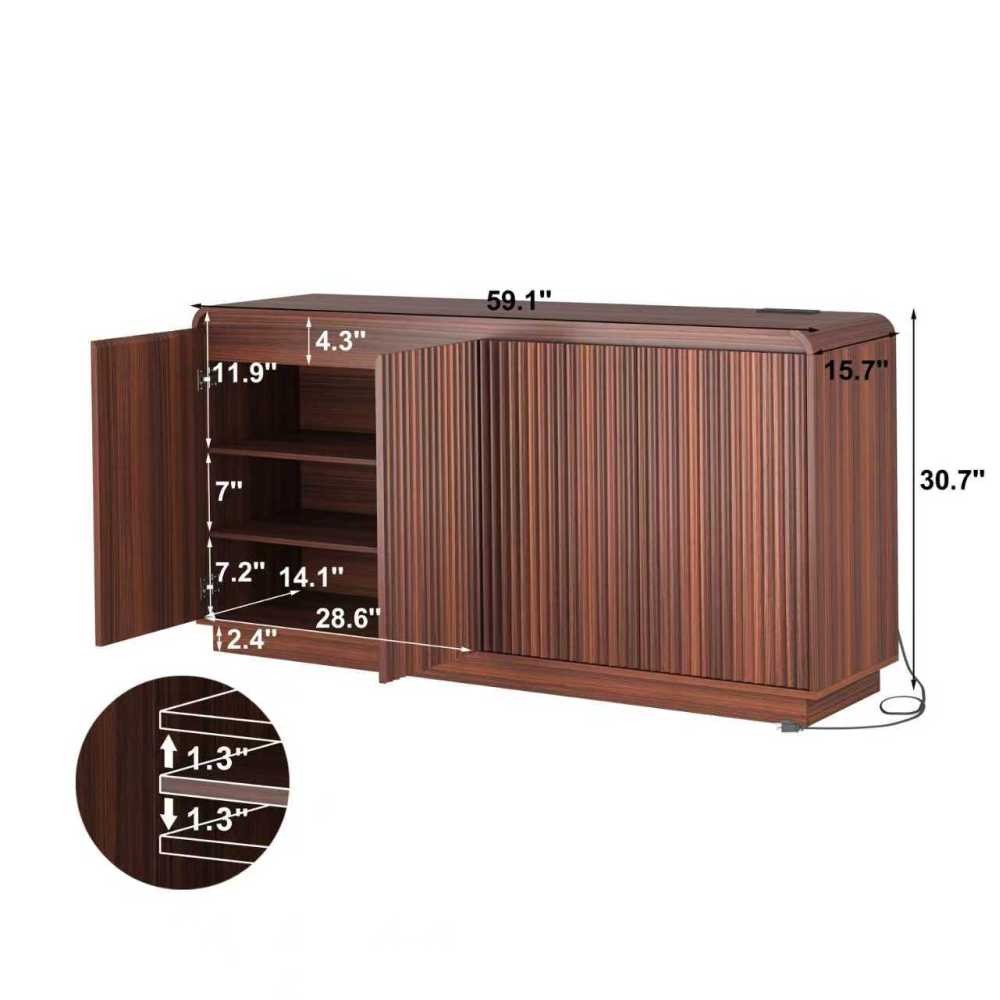 Walnut TV Stand with Power Outlet, Adjustable Storage, Fluted Handleless