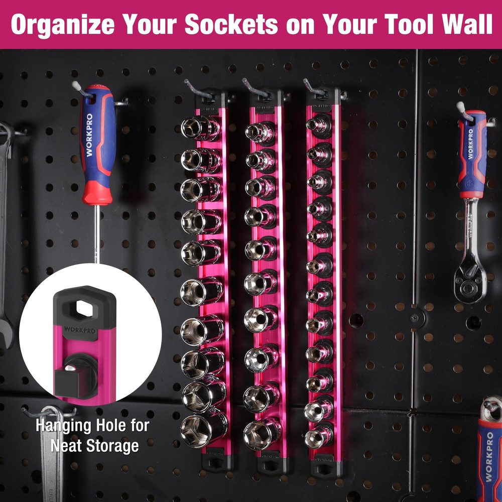 WORKPRO Heavy Duty Magnetic Socket Organizer 1/2" Dr Socket Holder Rack 10 Clips