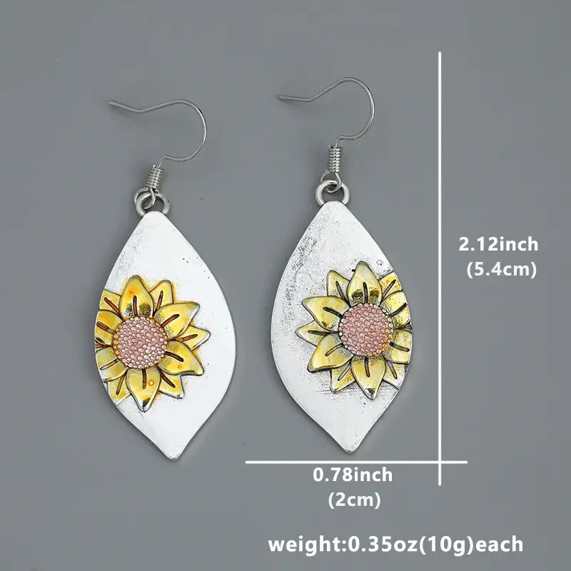 Leaf Shape Exquisite Sunflower Pattern Dangle Earrings Bohemian Ethnic Style