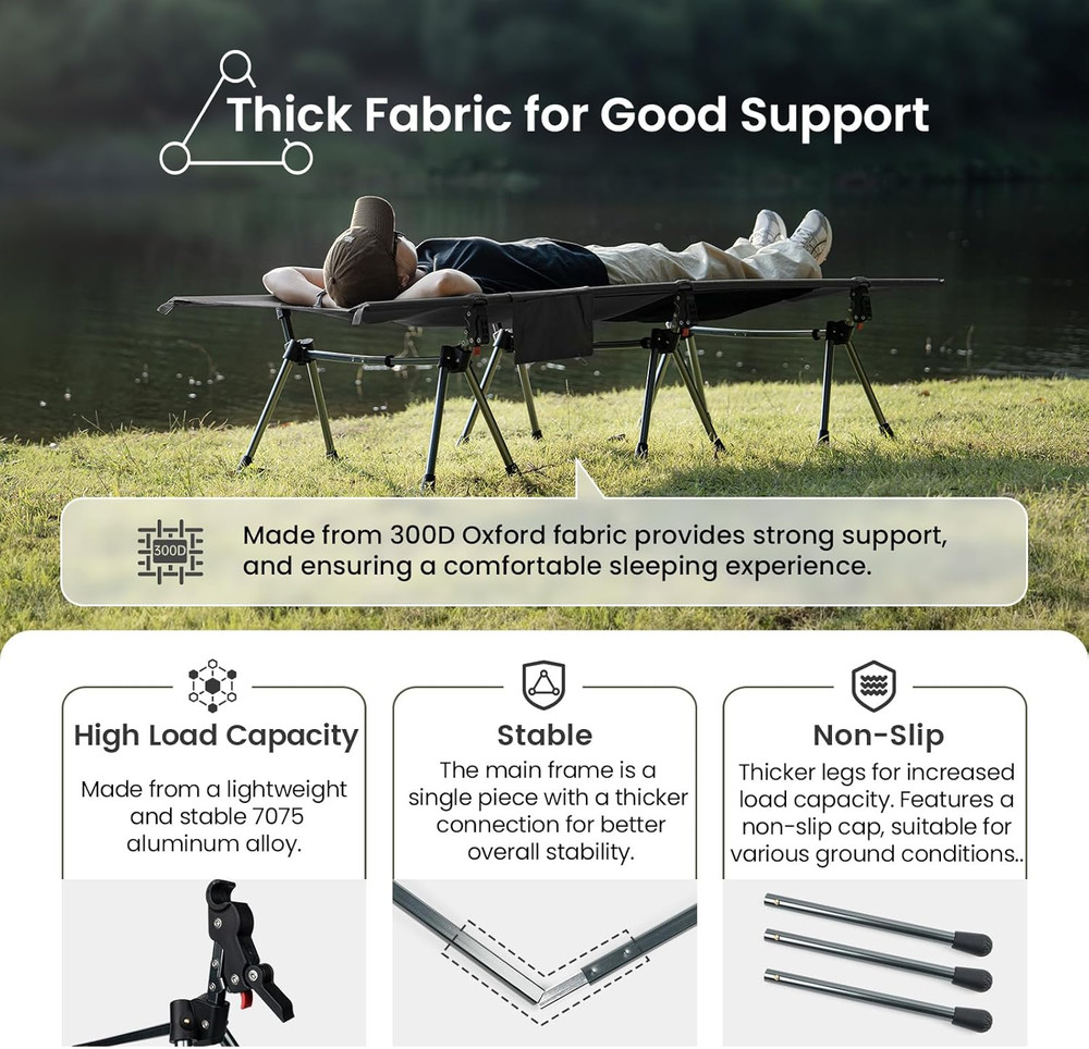 SUPRANUBIS Adjustable Camping Cot, 330Lbs Support, Lightweight & Portable Bed