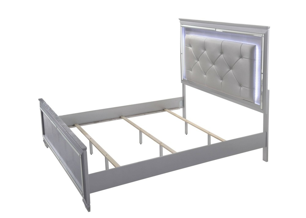 5pc Modern Beautiful Queen Size LED Upholstered Bed Set Silver Crocodile Finish