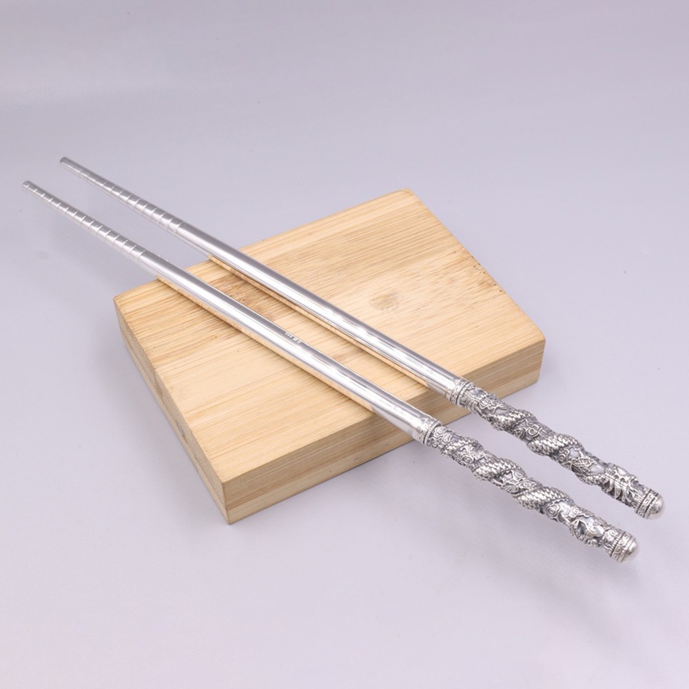 Solid S999 Fine Silver Dinnerware Carved Dragon Pattern Chopsticks 52-53g 7.8in