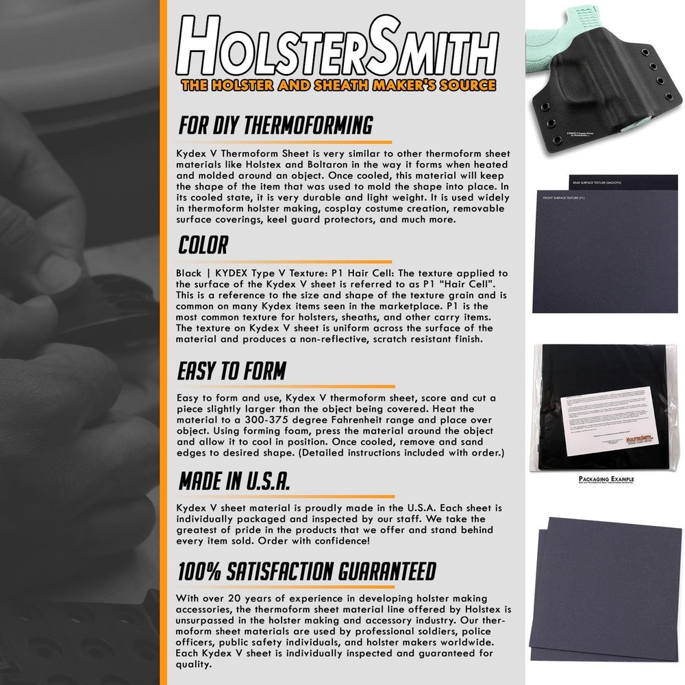 Kydex V Thermoform Sheets - Black P1 Texture, 2 Pack for Custom Projects