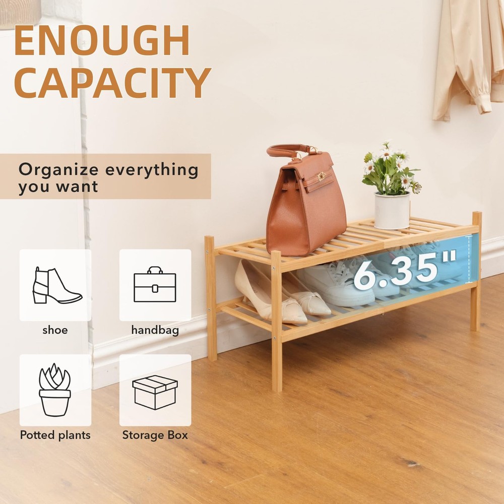 2 Tier Bamboo Shoe Rack Storage Organizer for Closet, Multifunctional Stackab...