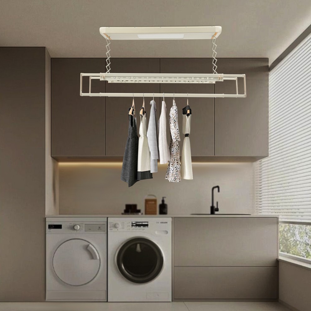 Ceiling-mounted Clothesline, Resealable Vertical Drying Rack W/ Light 8 Rods