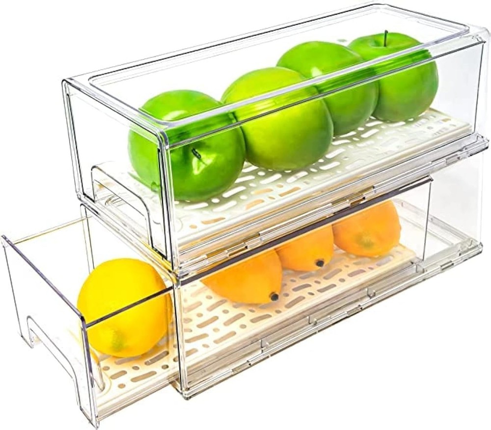 2 Pack Stackable Refrigerator Drawers Pull Out Bins Clear Fridge Drawer Organ...