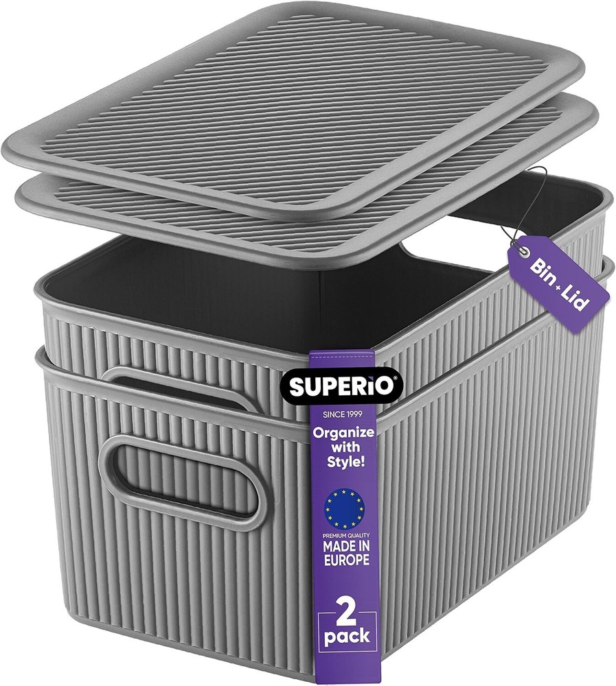 Superio 5L Small Grey Ribbed Storage Bin with Lid, Plastic (2 Pack)