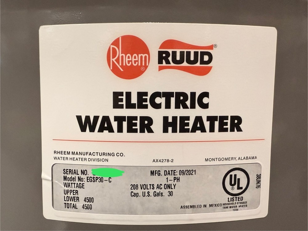 Rheem Instant Electric Commercial Water Heater 30 Gal. 208 Volts # EGSP30-C
