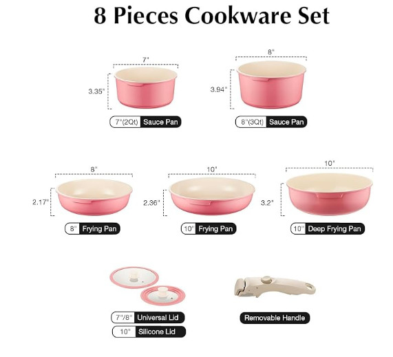 Ceramic Cookware Set, 8-Piece Detachable Handle Nonstick Cookware Set，Pink