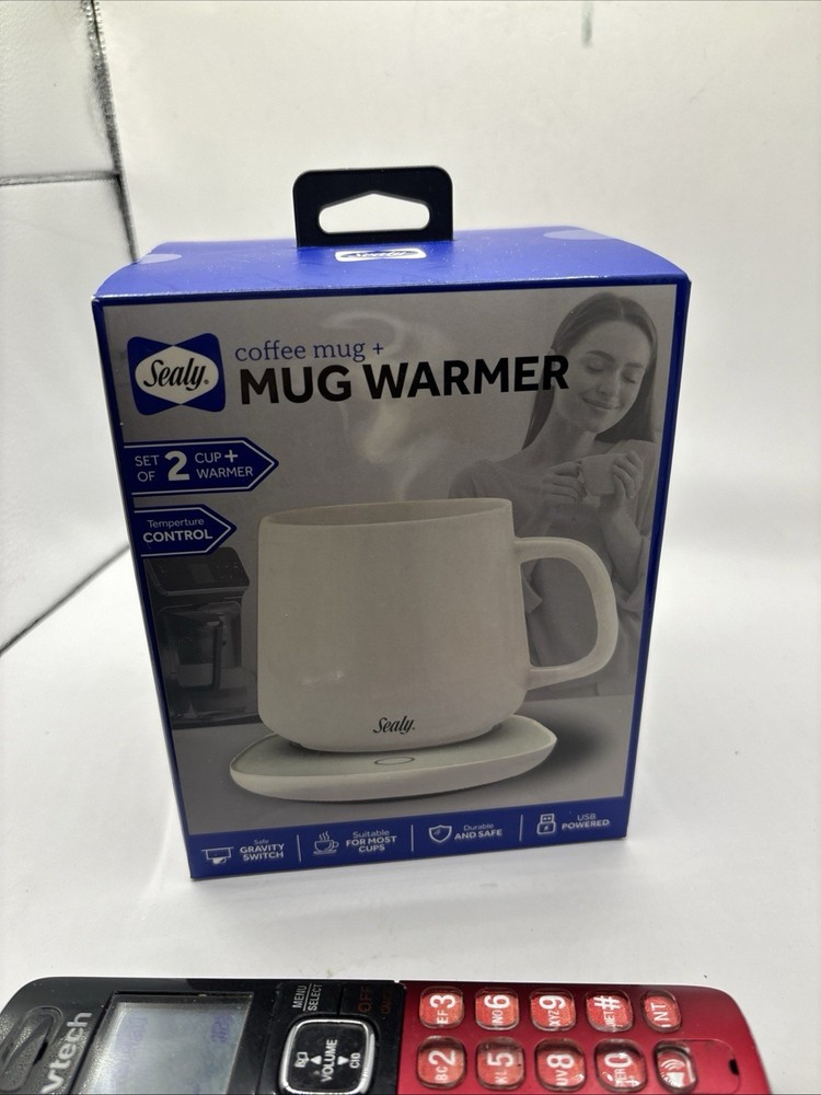 Sealy Coffee Mug & Mug Warmer 2 Pc Set USB Powered, Tem Control, Gravity Switch