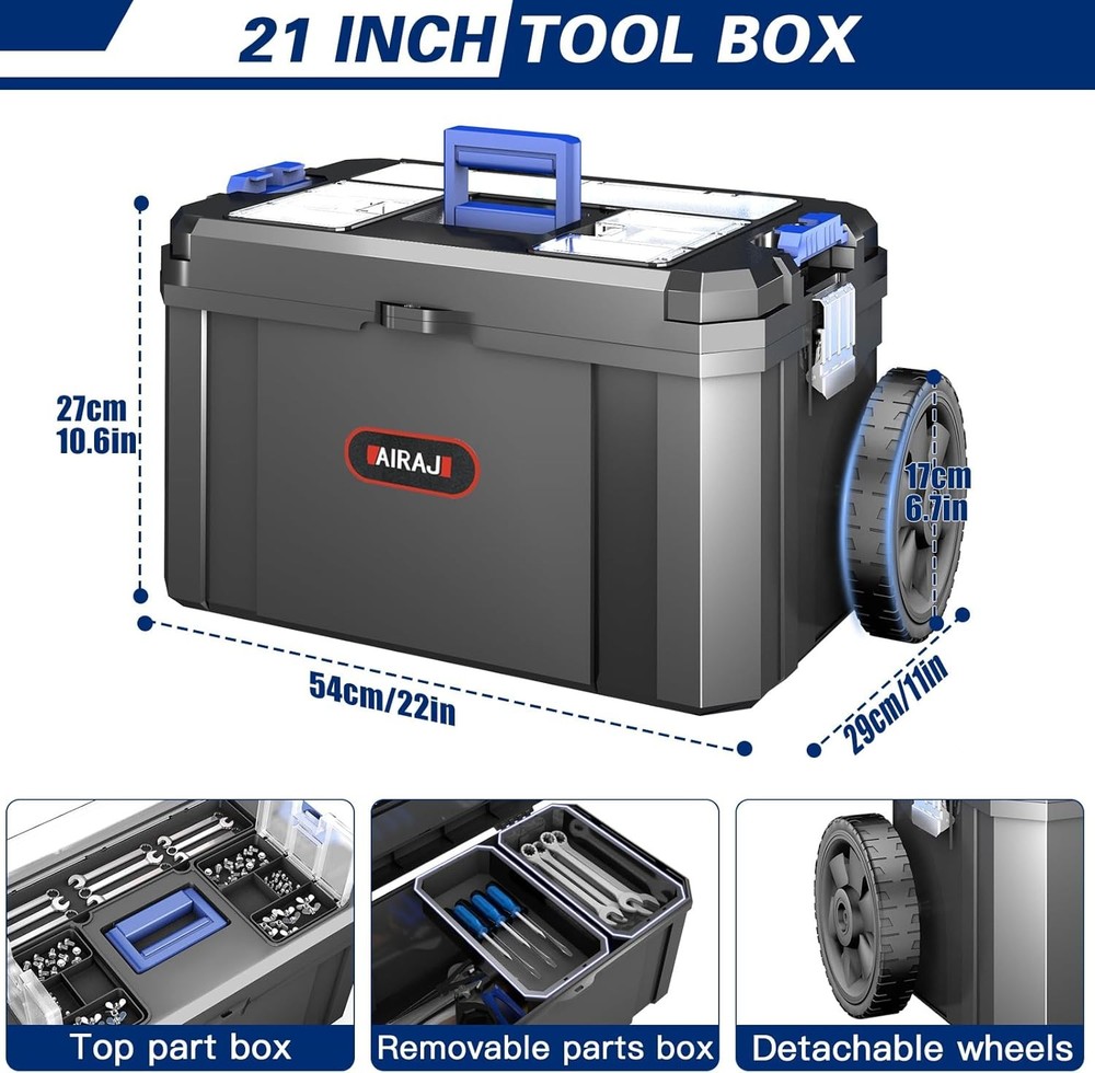 Stackable Toolbox with Detachable Parts Box Organizer 3-In-1 Rolling Tool Box