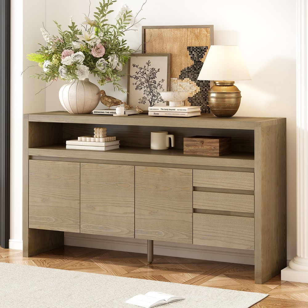 60" Modern Solid Ash Veneer Sideboard (3 Doors+3 Drawers, Semi-Open Shelf