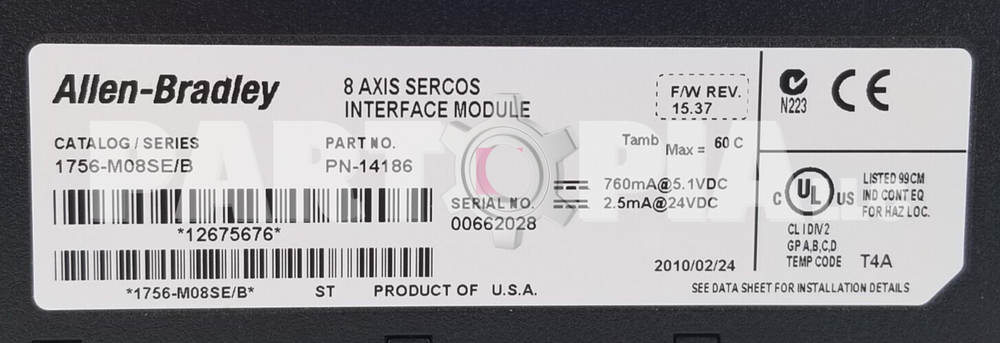 Allen Bradley 1756-M08SE /B, 8 Axis Sercos Interface Module, FW 15.37