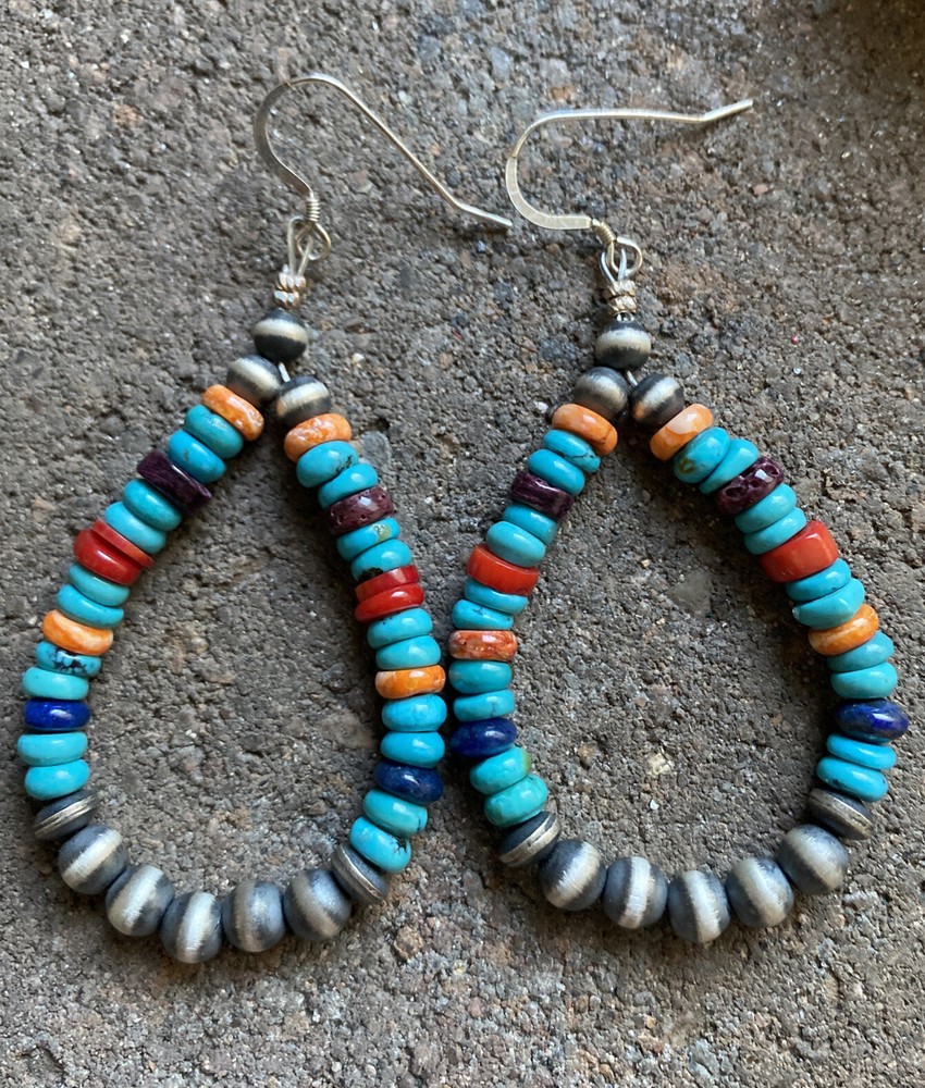 Sterling Silver Multi Stone W Pearls Bead Loop Earrings.
