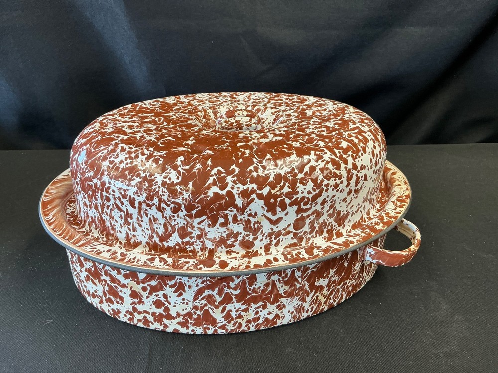 Brown & White Marbled Splatter Design 13 " Roasting Pan, Handles on Side