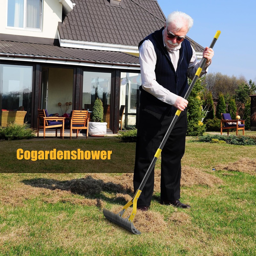 Heavy Duty Thatch Rake for Lawns -15"Dual-Action Dethatcher Thatching with Sharp