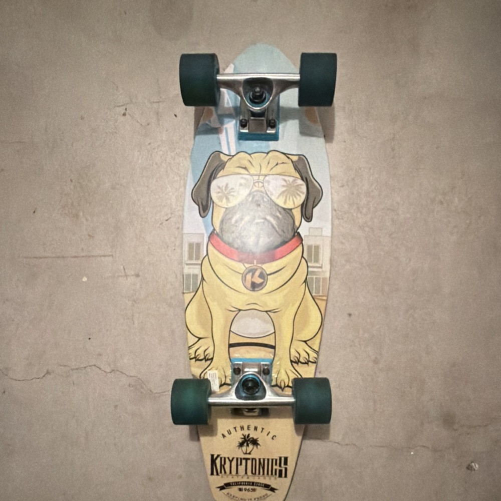Kryptonics Complete Longboard Blue Stripes Pug Graphic Skateboard Deck