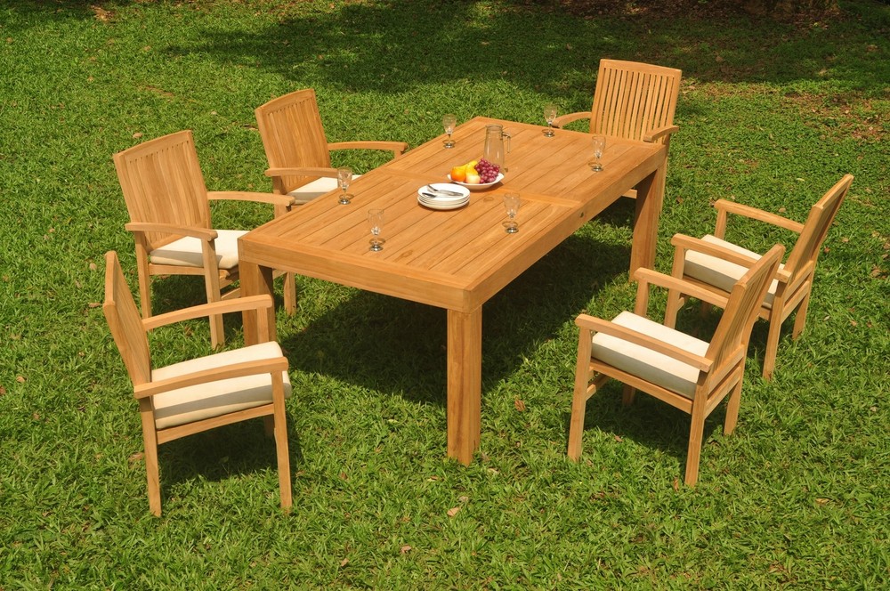 A-Grade Teak 7pc Dining 86" Canberra Rectangle Table Wave Stacking Arm Chair Set