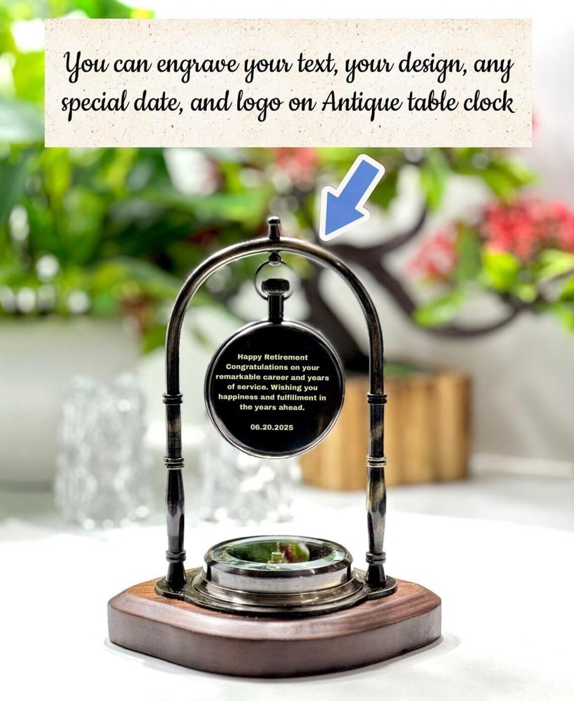 Personalized Victorian Brass Desk Clock with Integrated Working Compass -