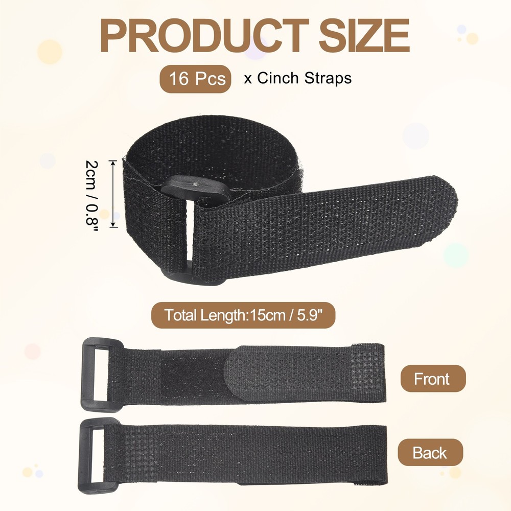 16pcs Reusable Cinch Straps 0.8"x5.9" Hook and Loop Cable Securing Straps, Black
