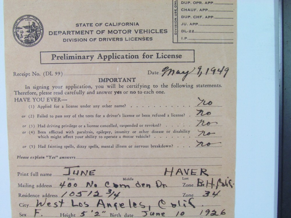 JUNE HAVER, Actress, Singer, Dancer 1940's - DOCUMENT SIGNED May 9, 1949