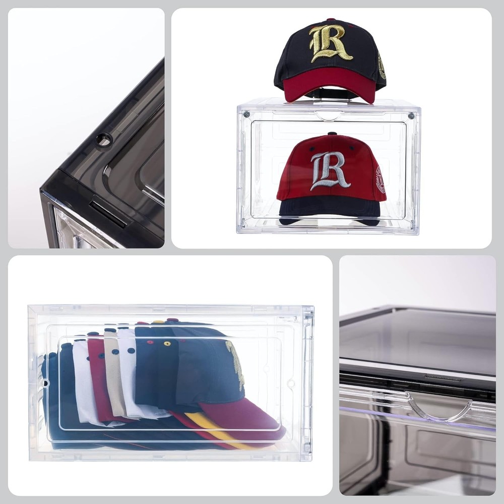 Stylish Clear Black Hat Organizer – 6 Stackable Boxes with Magnetic Closure