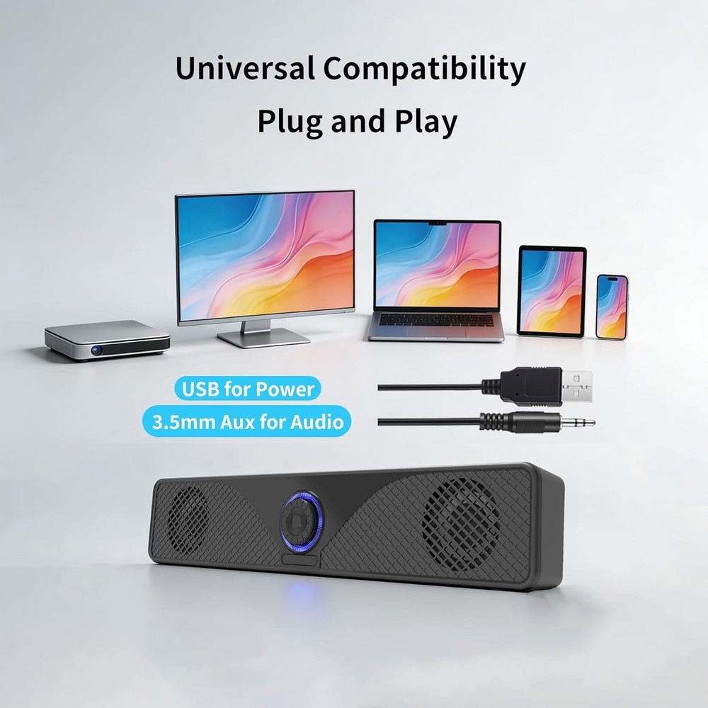 Computer Soundbar, USB Powered Wired PC Speakers with 3.5mm AUX, Basic & Clear S