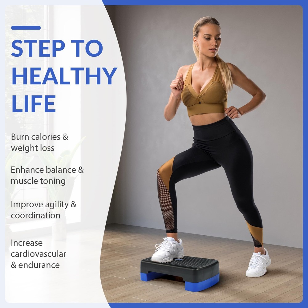18" Aerobic Step Platform, Workout Stepper with Adjustable 2 Stackable Risers...
