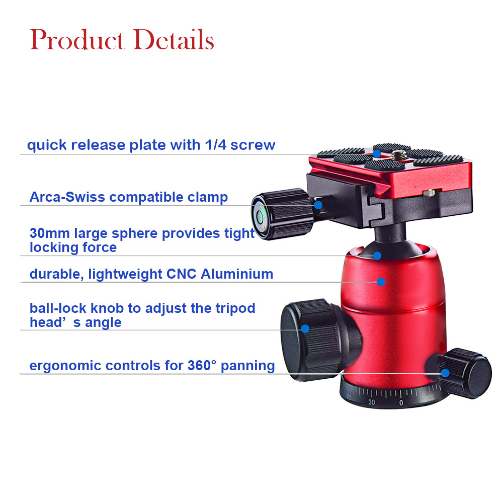 Tripod Head Ball Head Bracket with Quick Release Plate 360° Panning For Camera