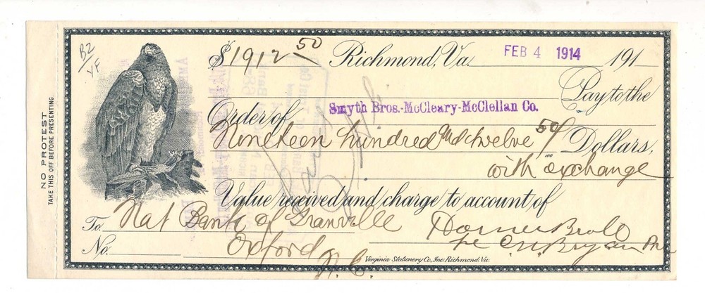 1914 Richmond, VA Check, draft, golden eagle vignette