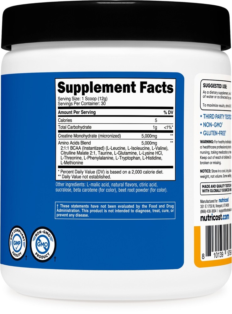 Nutricost Creatine + Aminos 30 Servings (Peach Mango Flavored)