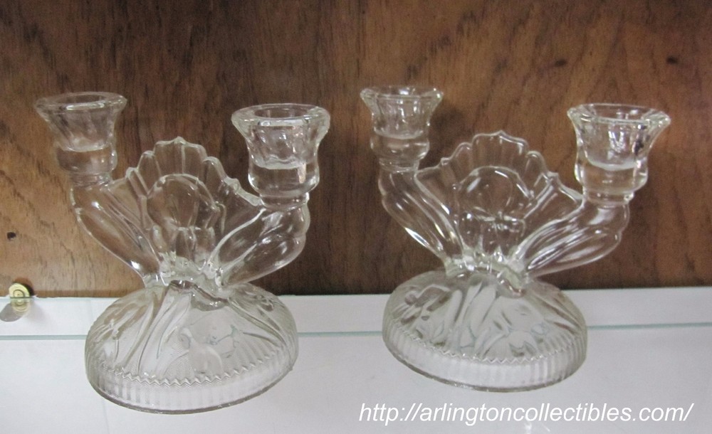 Set of 2 JEANNETTE Clear IRIS & HERRINGBONE Depression Double Light Candlesticks