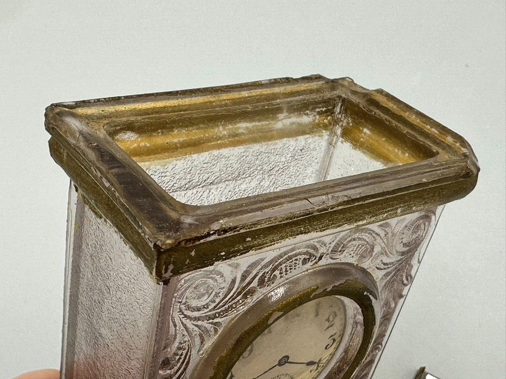 1910s MANTEL CLOCK Glass CANDY CONTAINER Antique A&E 164