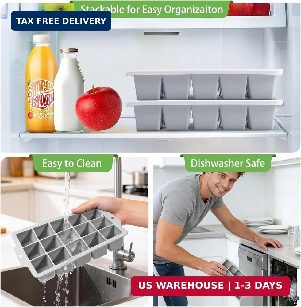 Silicone Ice Cube Tray with Locks Lids, Easy Release Flexible 15 Square Ice Tray