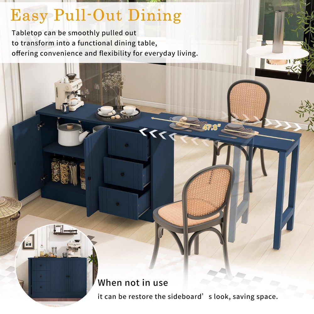 89.7'' Multifunctional Wooden Sideboard (Extendable Table, 2 Doors+3 Drawers)