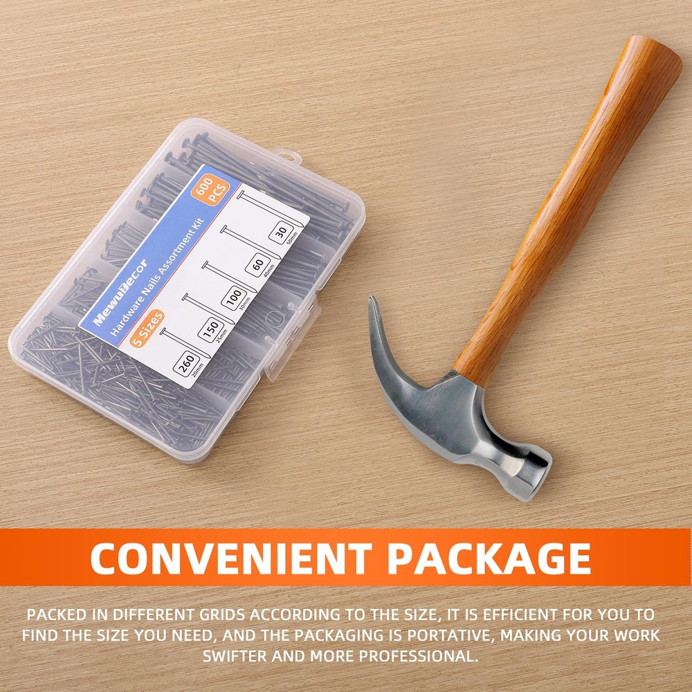 5 Sizes Hardware Nails Assortment Kit, Flat for Picture Wall Silver