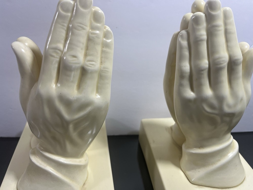 Pair Ceramic 8” Praying Hands Bookends Door Stoppers