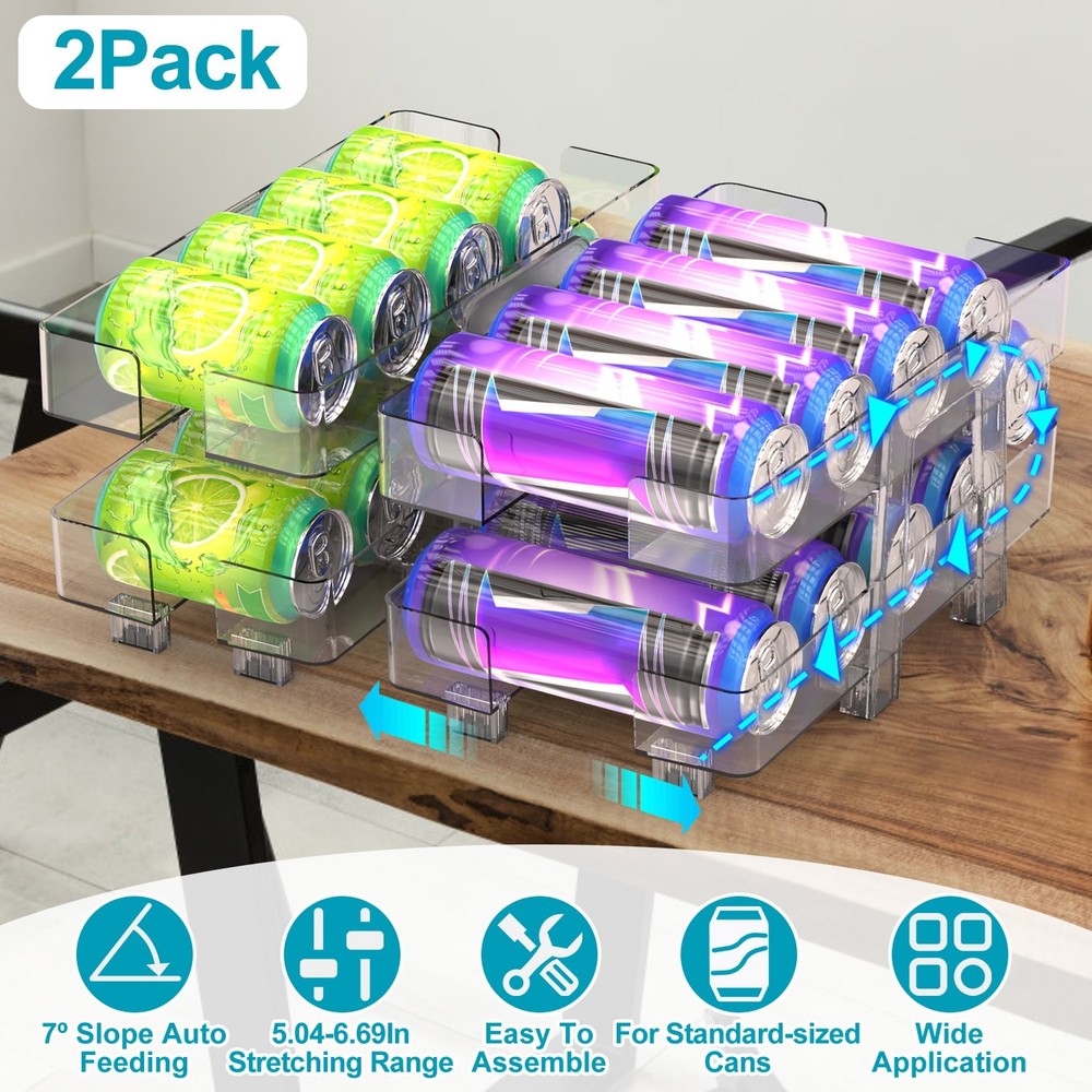2 Pack Adjustable Soda Can Dispenser Storage Rack Refrigerator Fridge Organizer