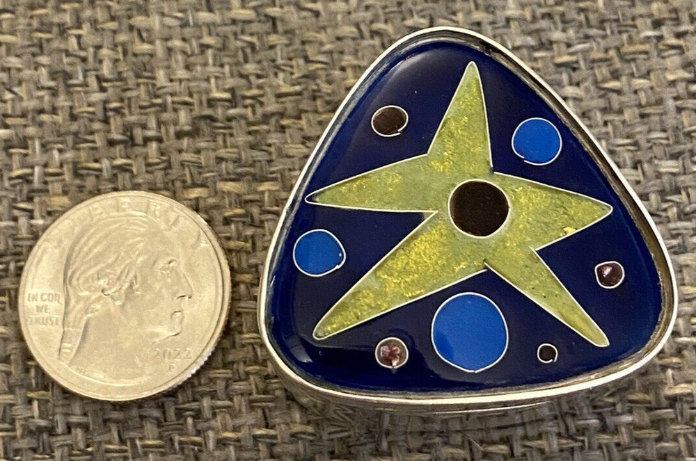 Hilda Kraus Mid Century Modern Sterling Silver & Enamel Triangular Box Signed